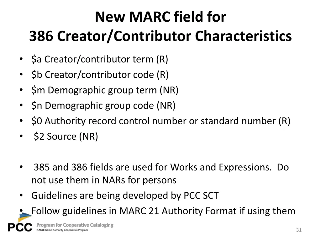 new marc field for 386 creator contributor