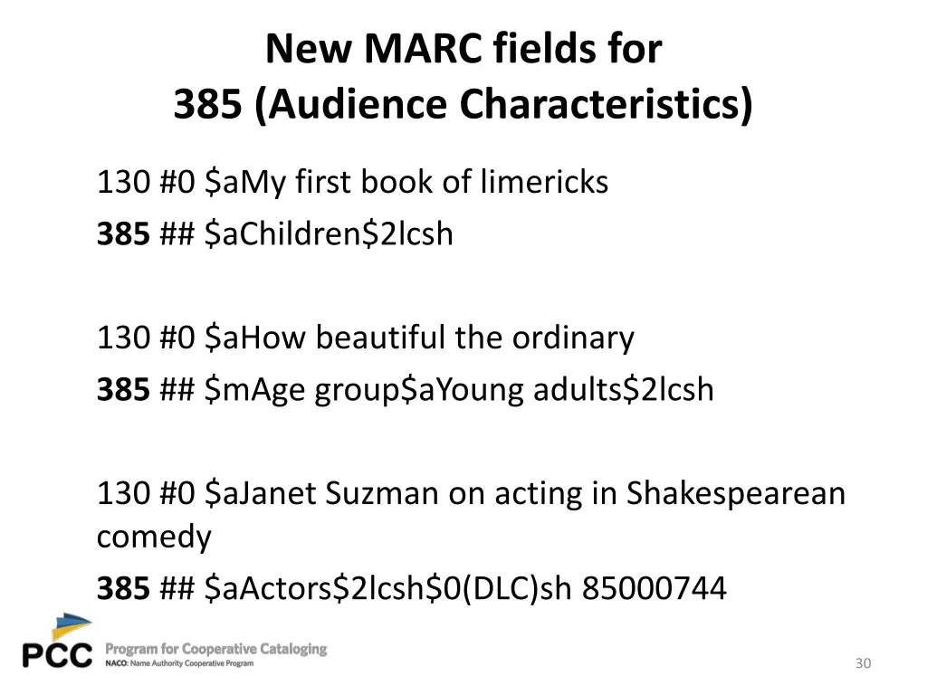 new marc fields for 385 audience characteristics