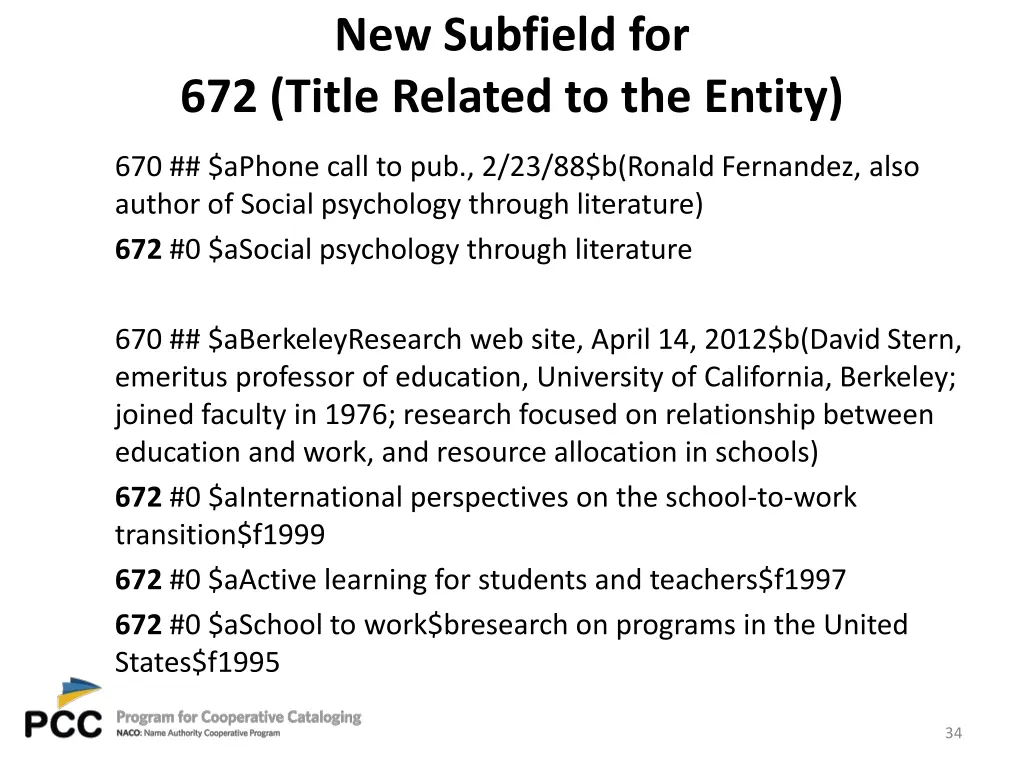 new subfield for 672 title related to the entity 1