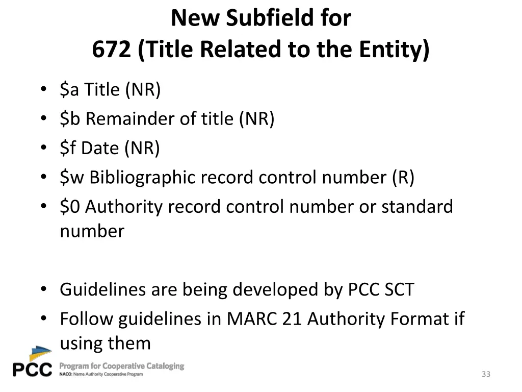 new subfield for 672 title related to the entity