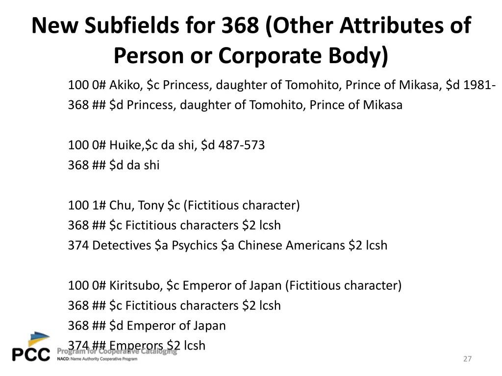 new subfields for 368 other attributes of person 2