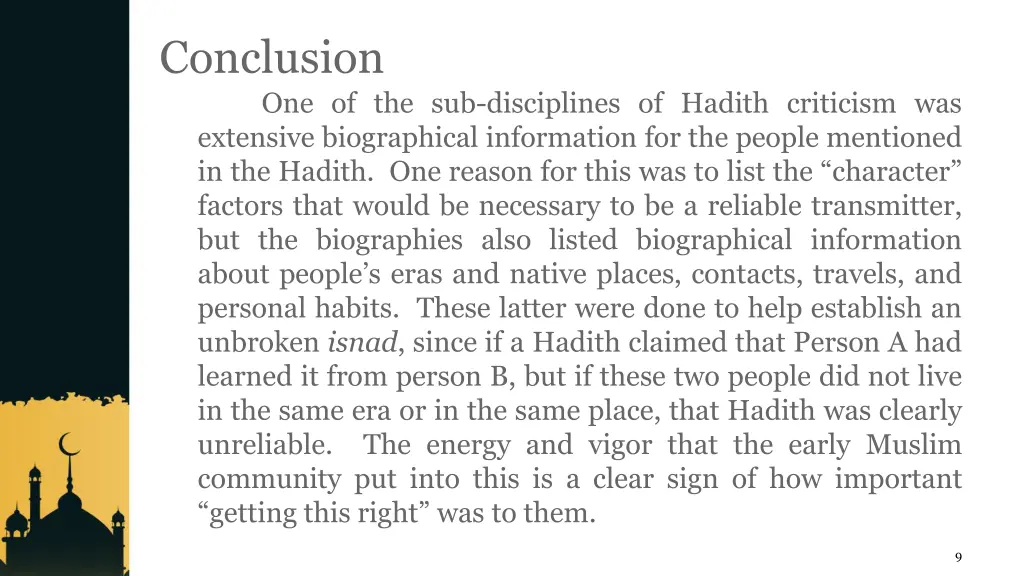 conclusion one of the sub disciplines of hadith