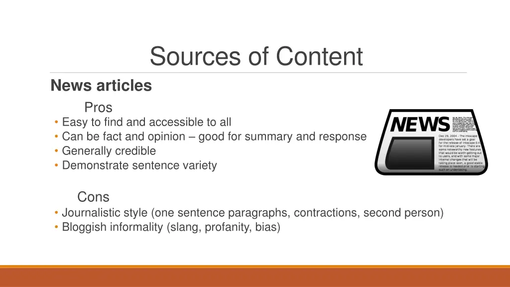 sources of content news articles pros easy