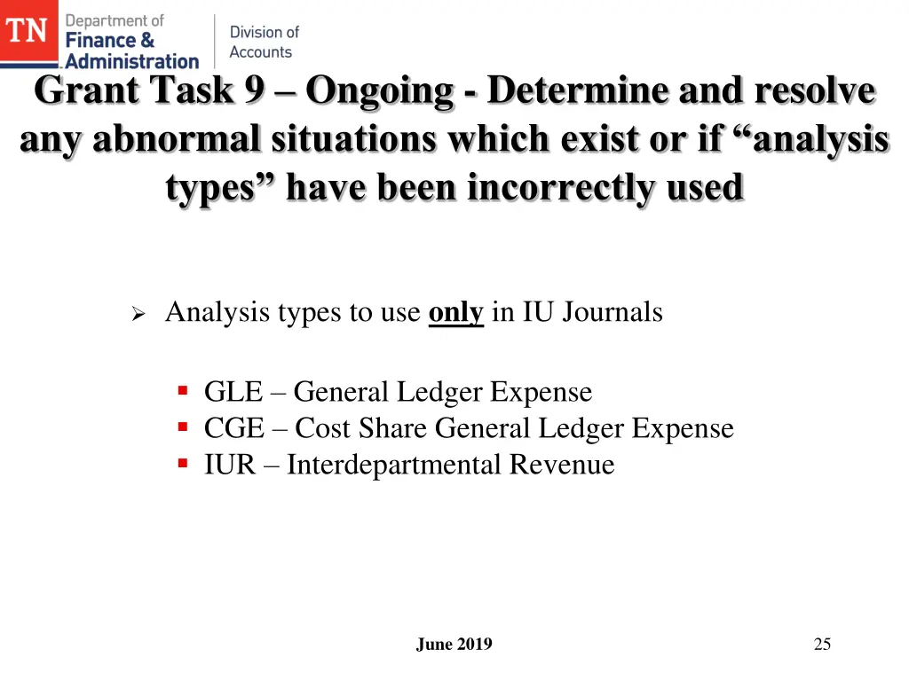 grant task 9 ongoing determine and resolve 2