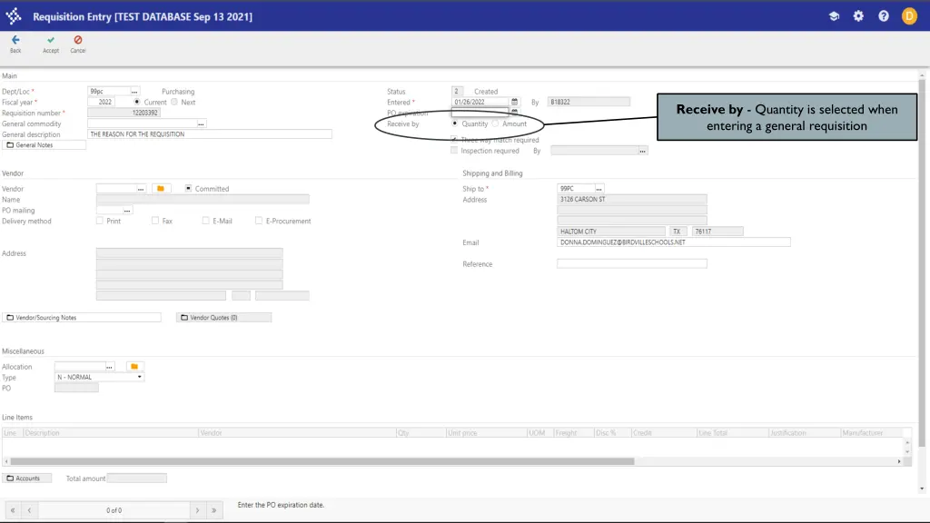 receive by quantity is selected when entering