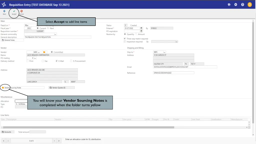 select accept to add line items