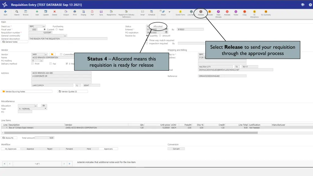 select release to send your requisition through