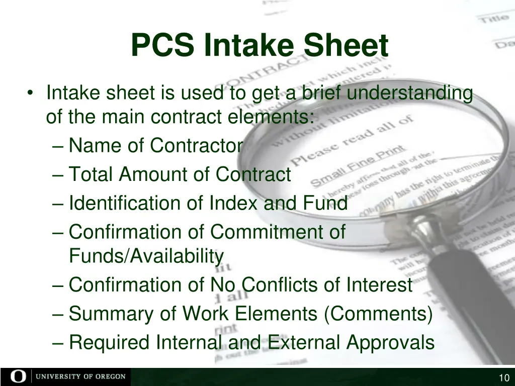 pcs intake sheet