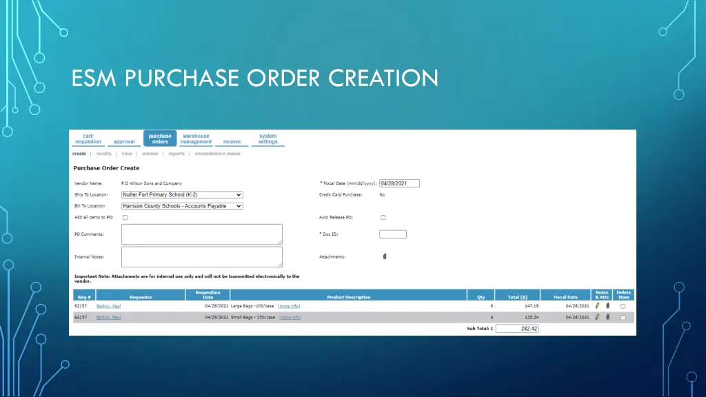 esm purchase order creation