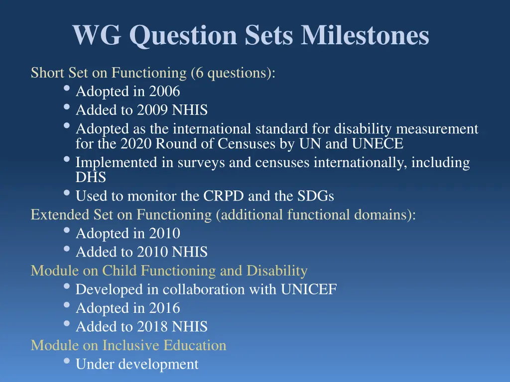 wg question sets milestones