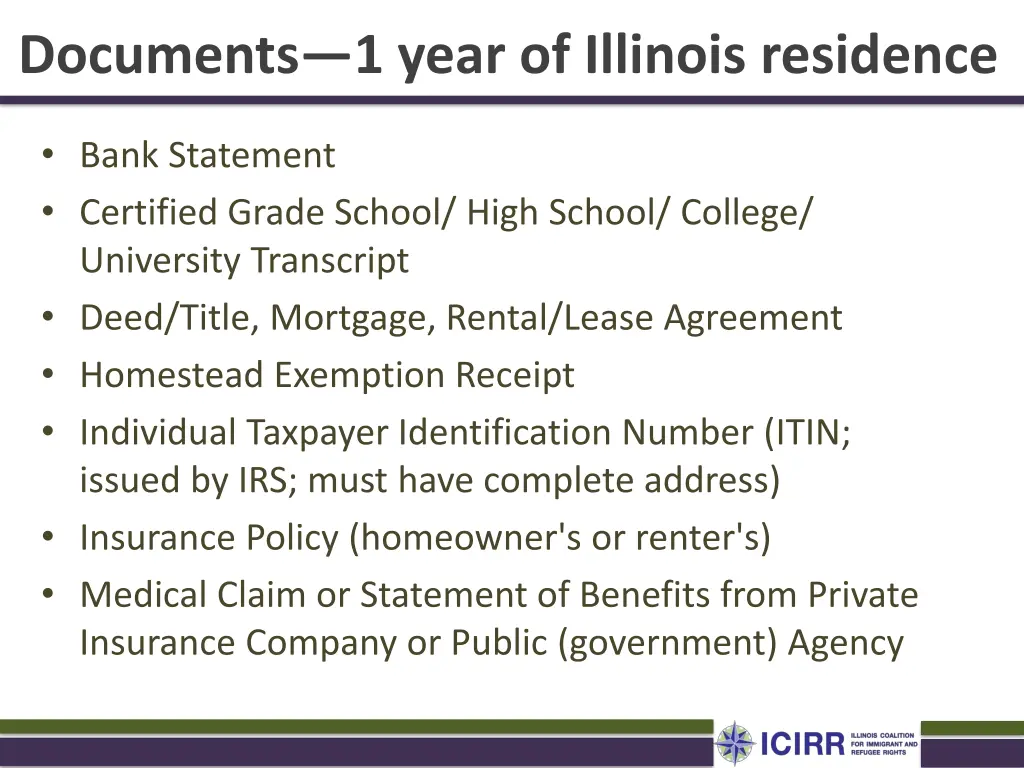 documents 1 year of illinois residence