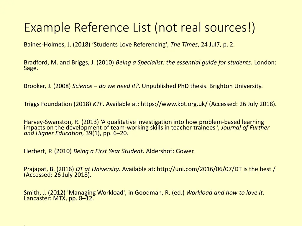 example reference list not real sources