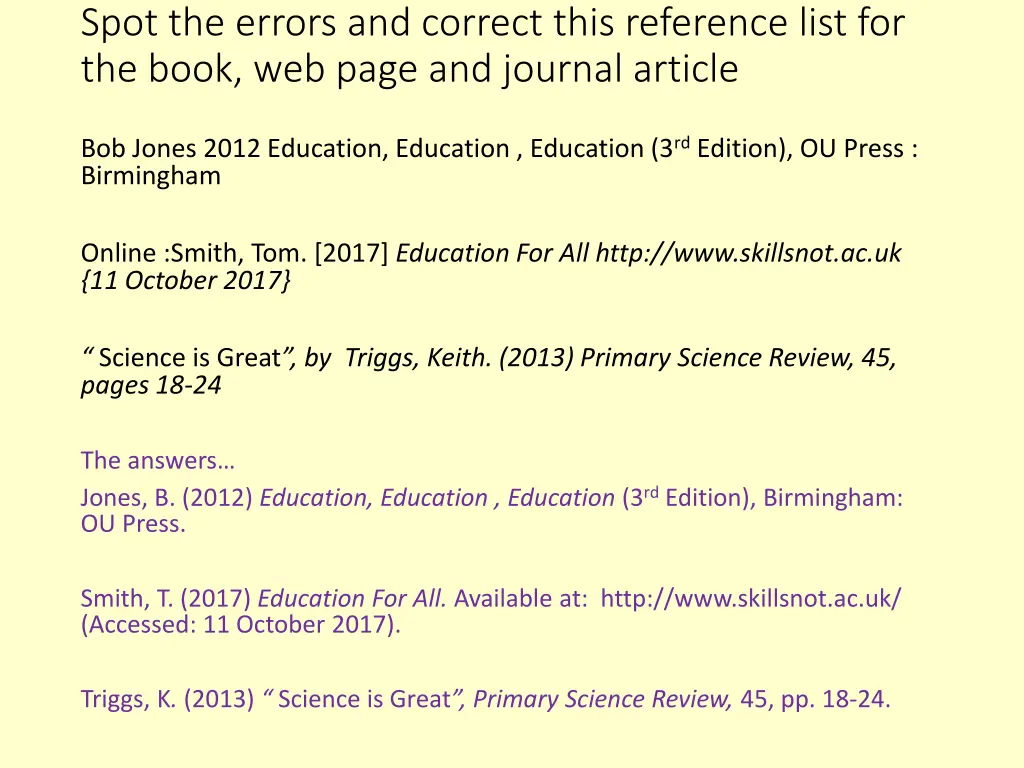 spot the errors and correct this reference list