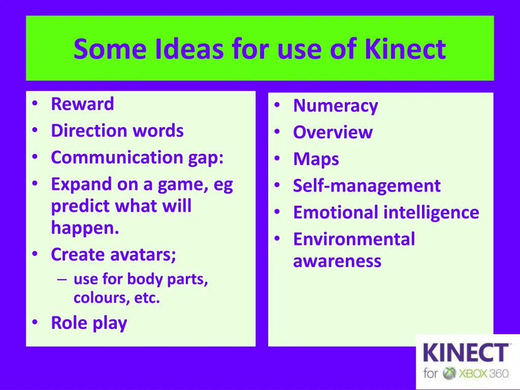 some ideas for use of kinect