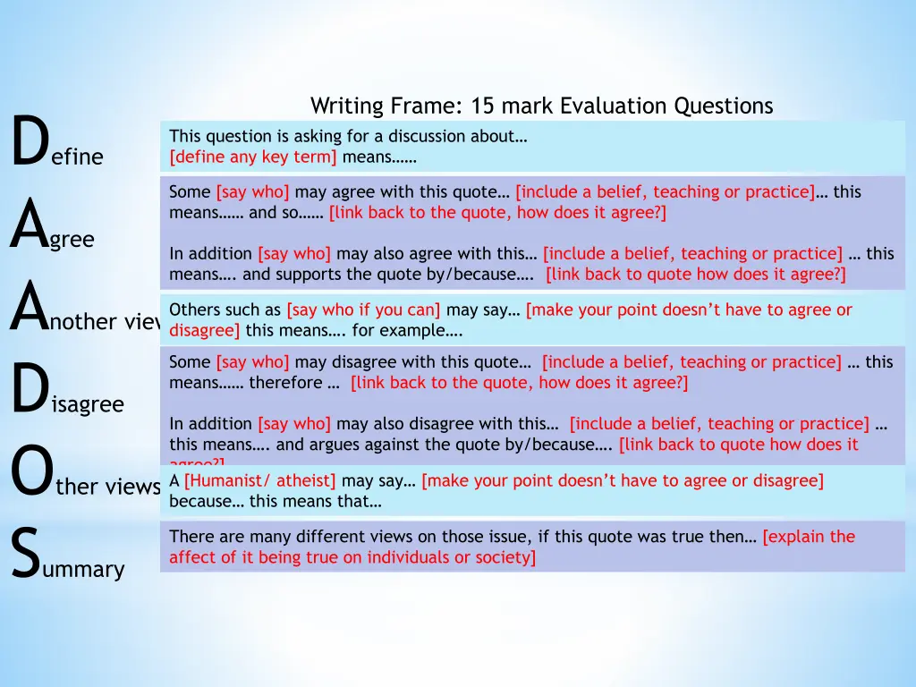 writing frame 15 mark evaluation questions