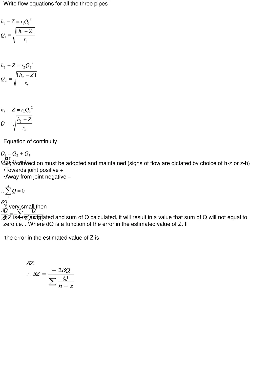 write flow equations for all the three pipes