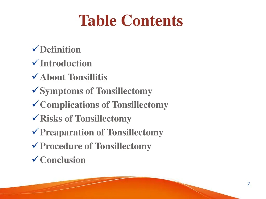 table contents