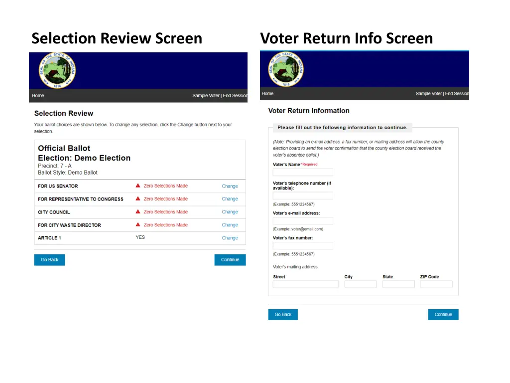 selection review screen