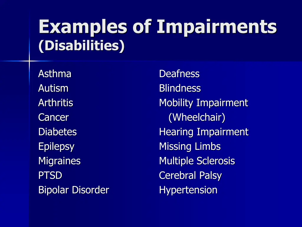 examples of impairments disabilities