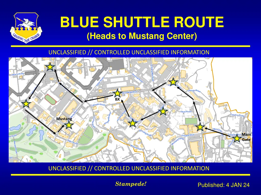 blue shuttle route heads to mustang center