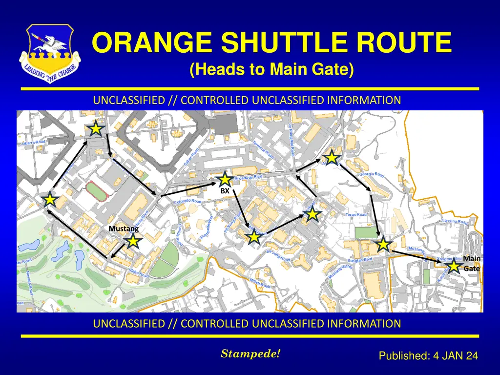 orange shuttle route heads to main gate