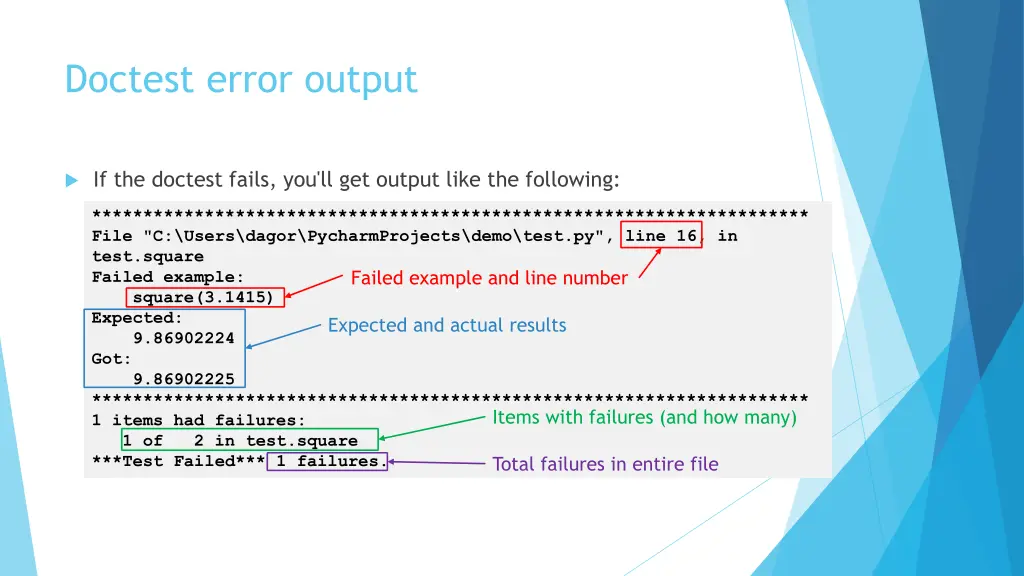 doctest error output
