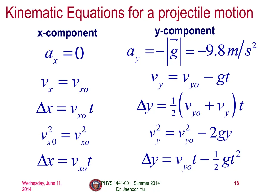 kinematic equations for a projectile motion