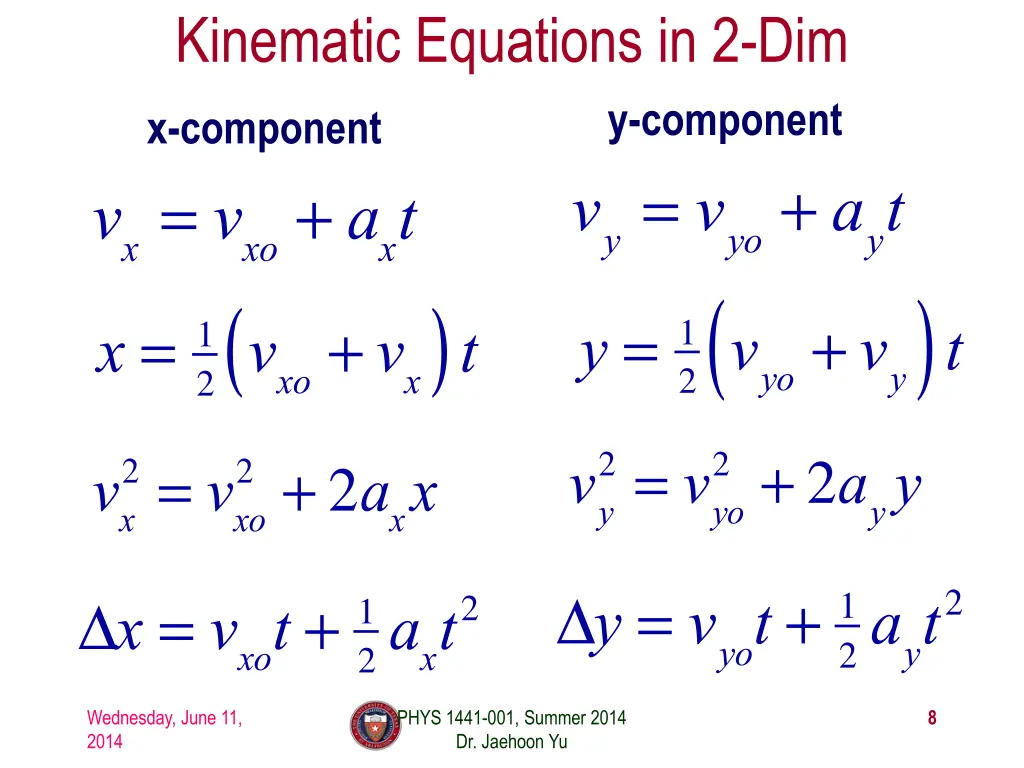 kinematic equations in 2 dim