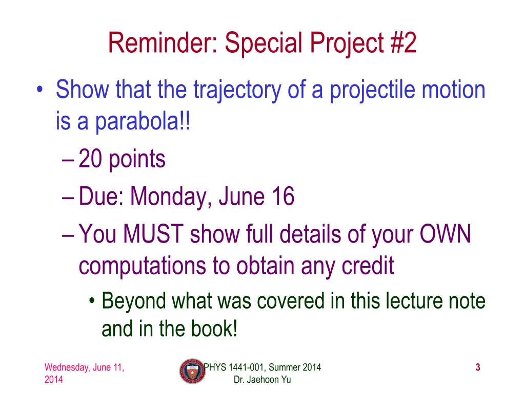 reminder special project 2