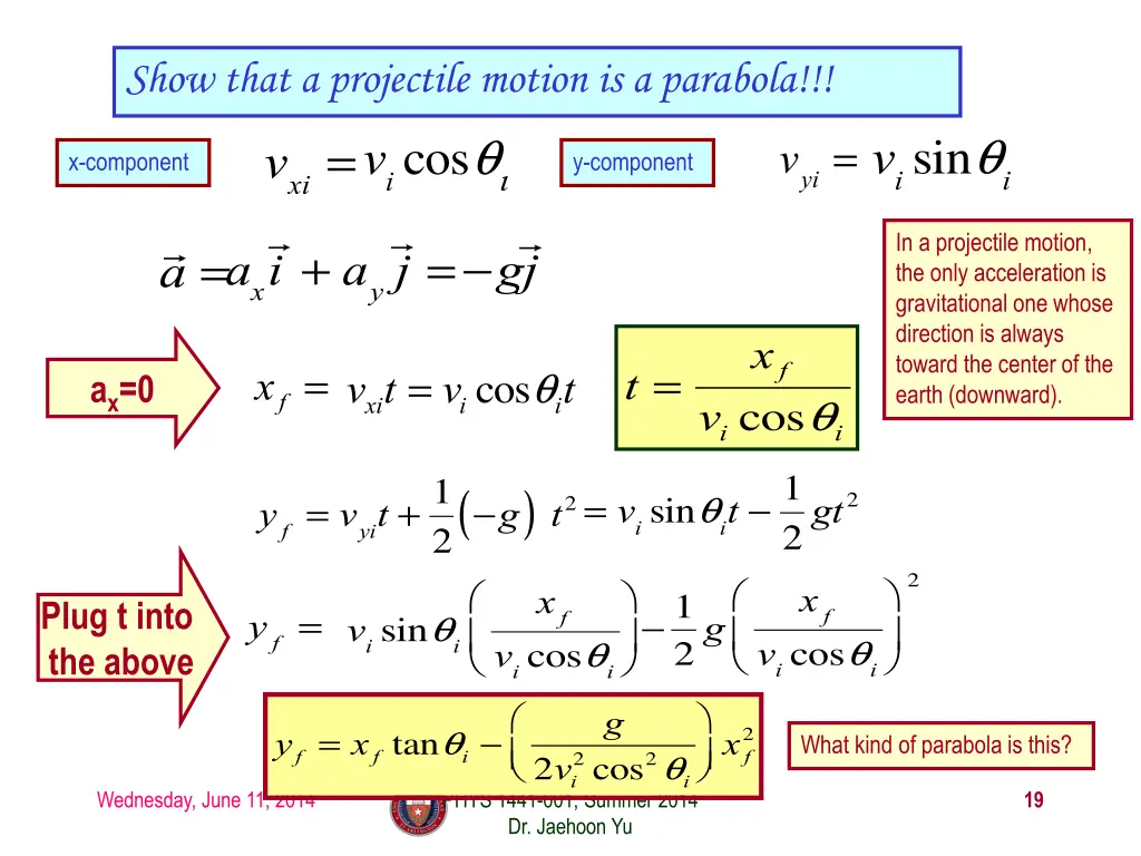 show that a projectile motion is a parabola v xi