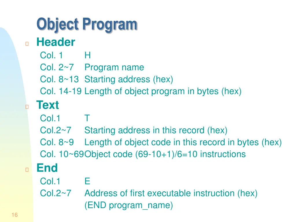 object program header col 1 h col 2 7 program