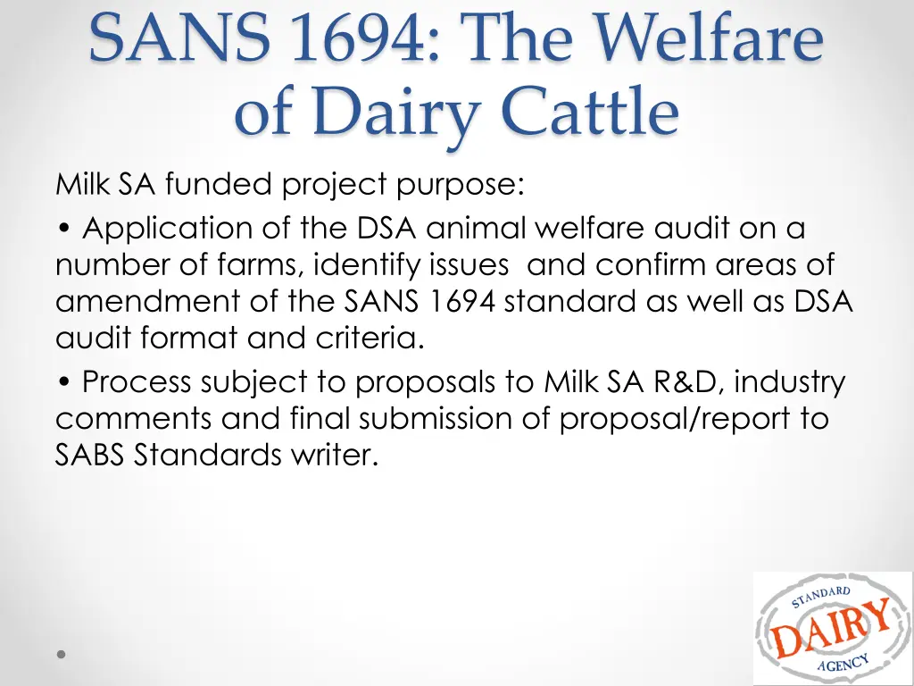 sans 1694 the welfare of dairy cattle milk