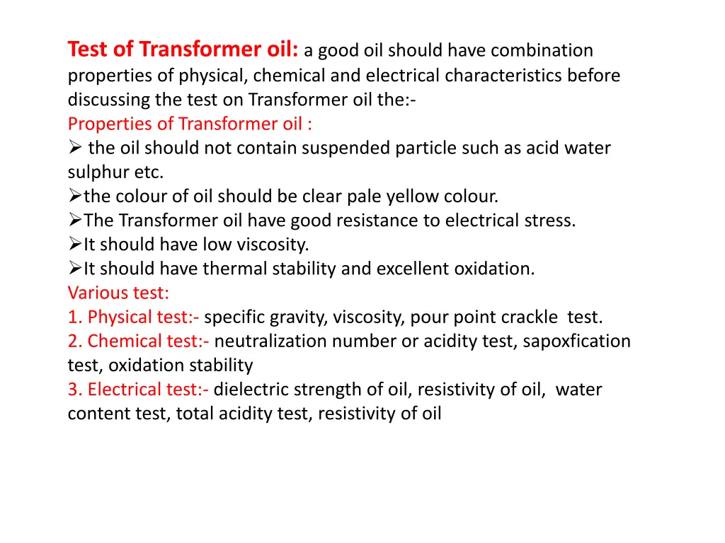 test of transformer oil a good oil should have