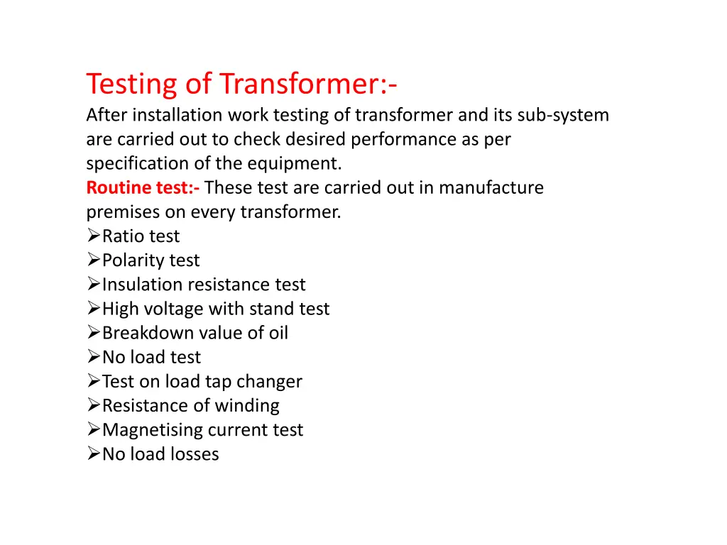 testing of transformer after installation work