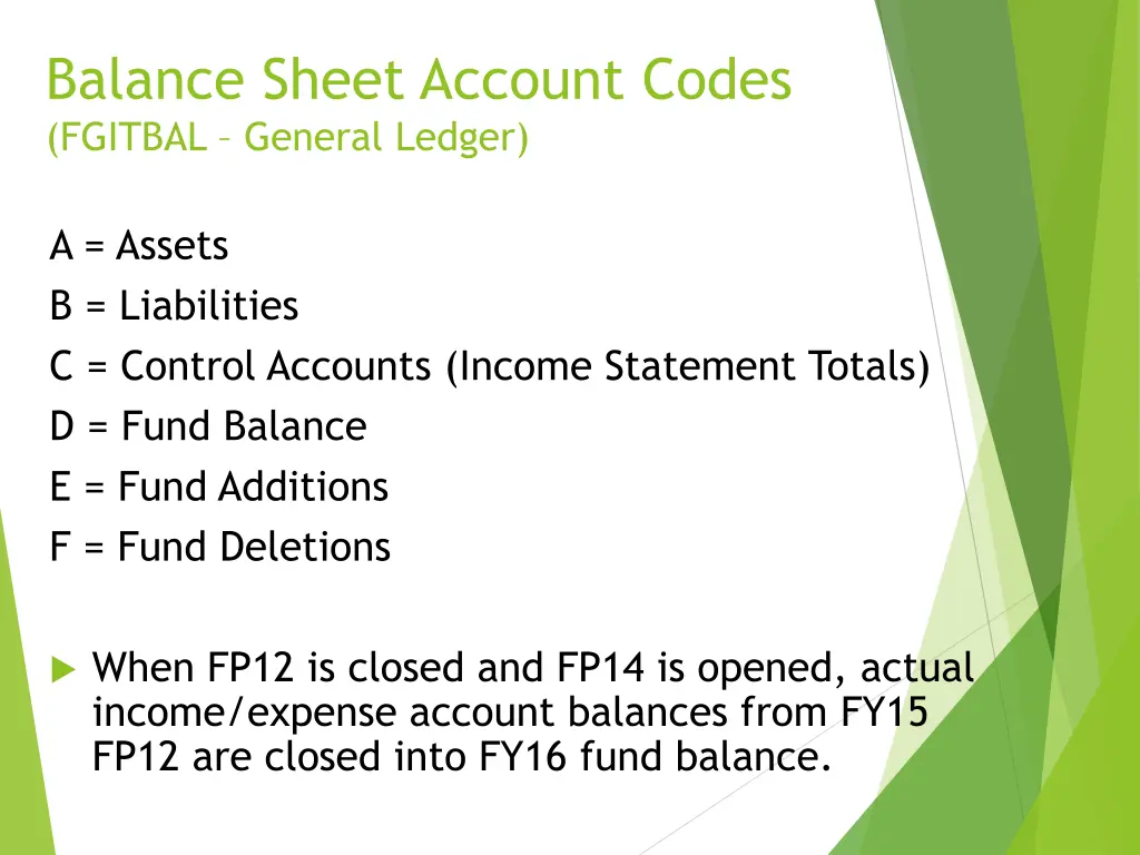 balance sheet account codes fgitbal general ledger