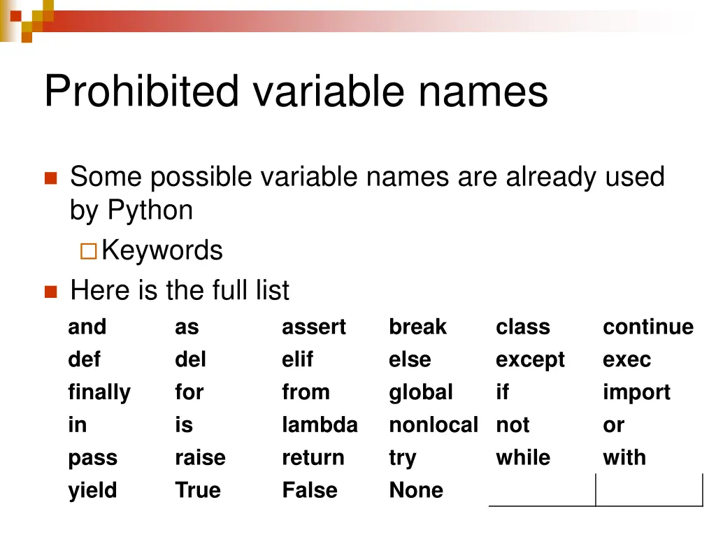 prohibited variable names