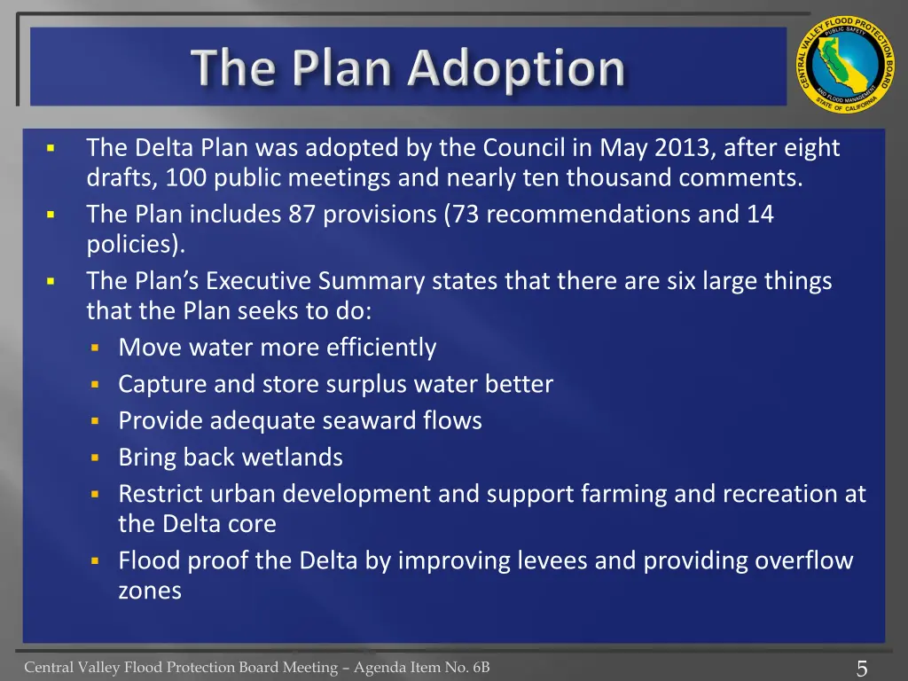 the delta plan was adopted by the council