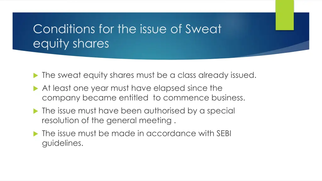 conditions for the issue of sweat equity shares