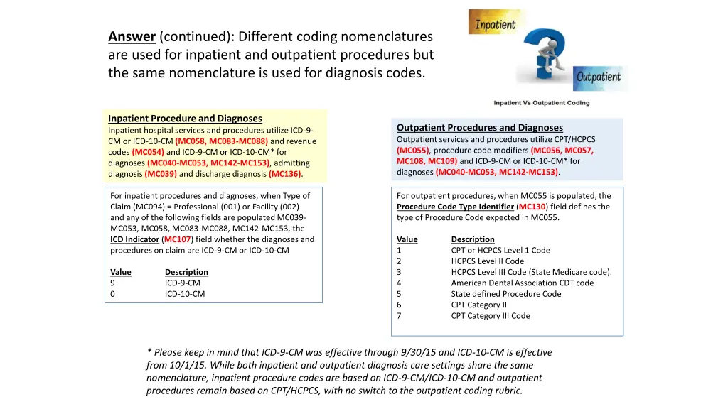 answer continued different coding nomenclatures