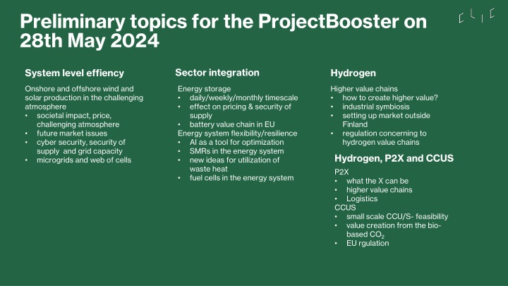 preliminary topics for the projectbooster on 28th