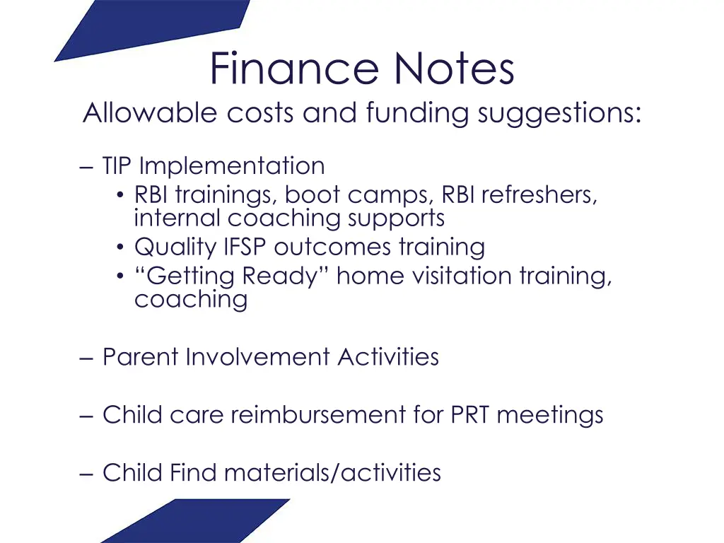 finance notes allowable costs and funding