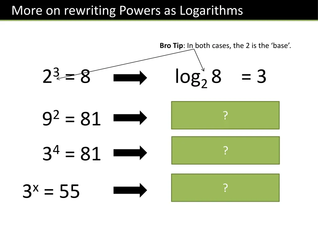more on rewriting powers as logarithms
