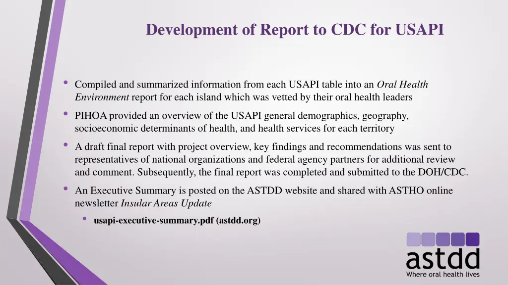 development of report to cdc for usapi