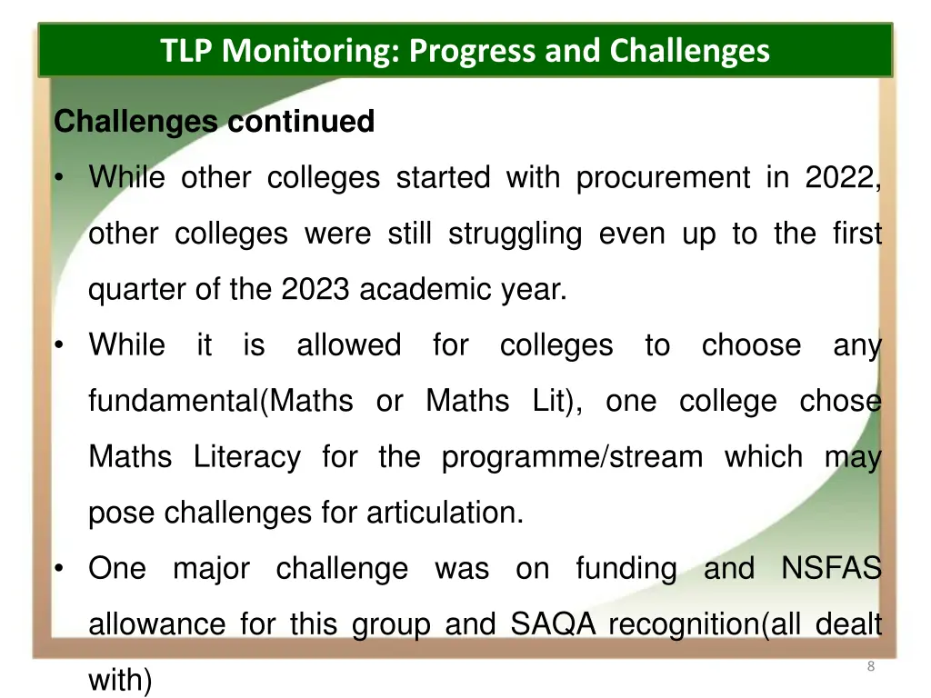 tlp monitoring progress and challenges 2