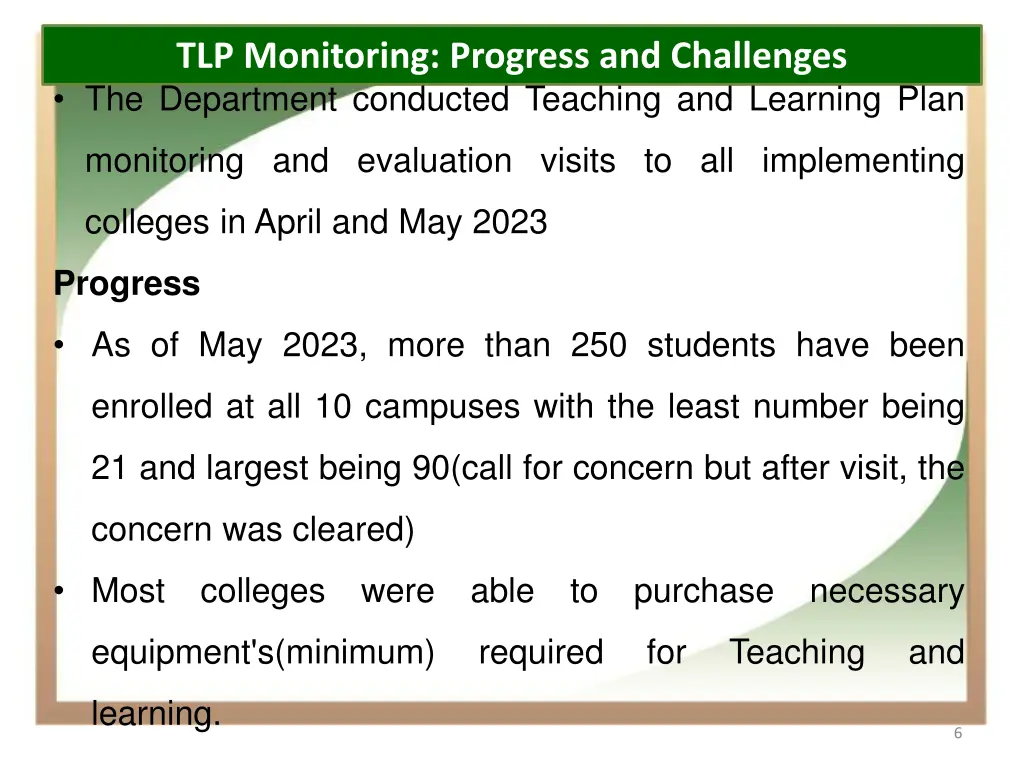 tlp monitoring progress and challenges