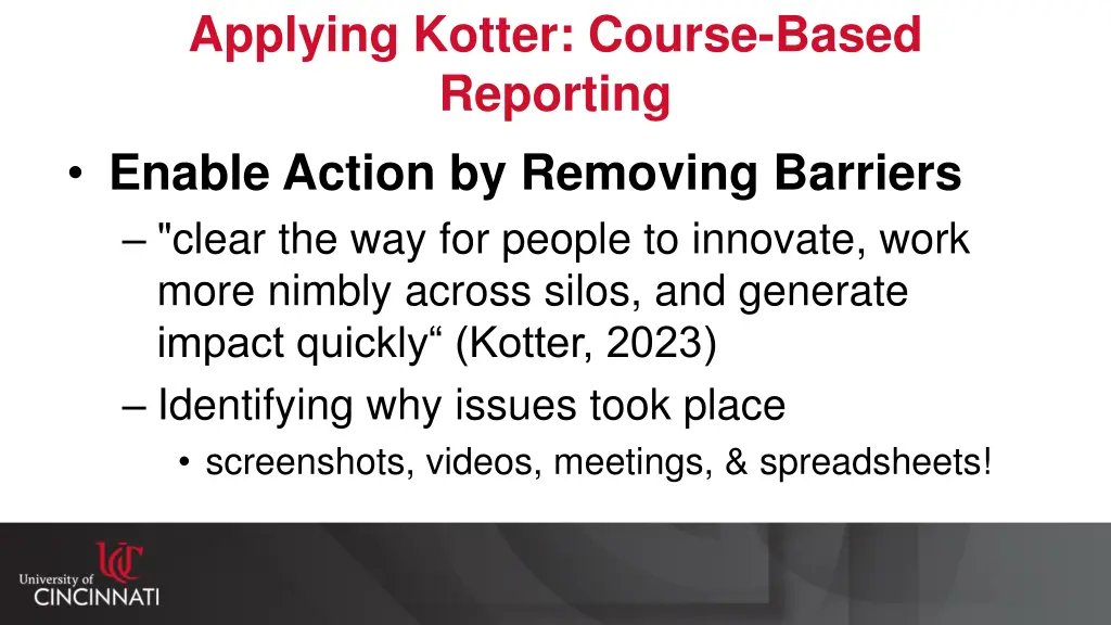applying kotter course based reporting enable