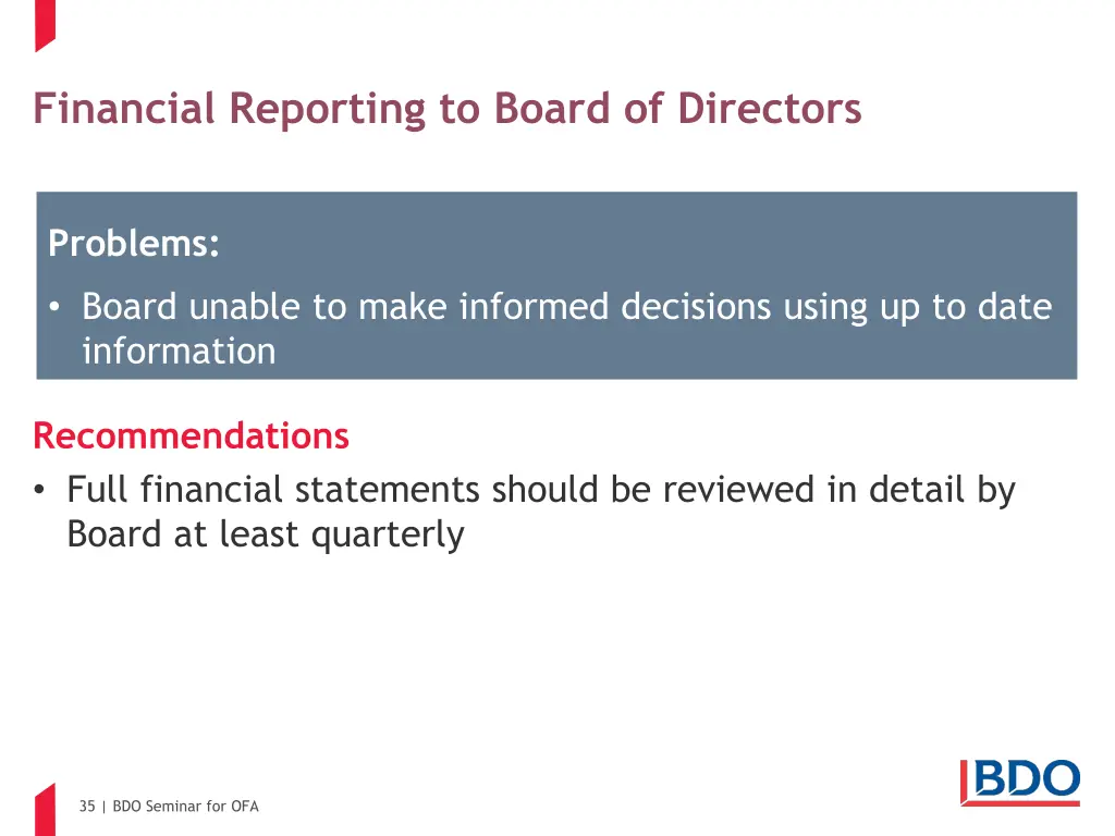 financial reporting to board of directors