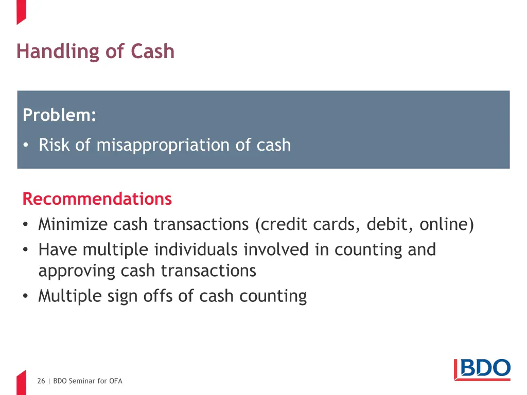 handling of cash