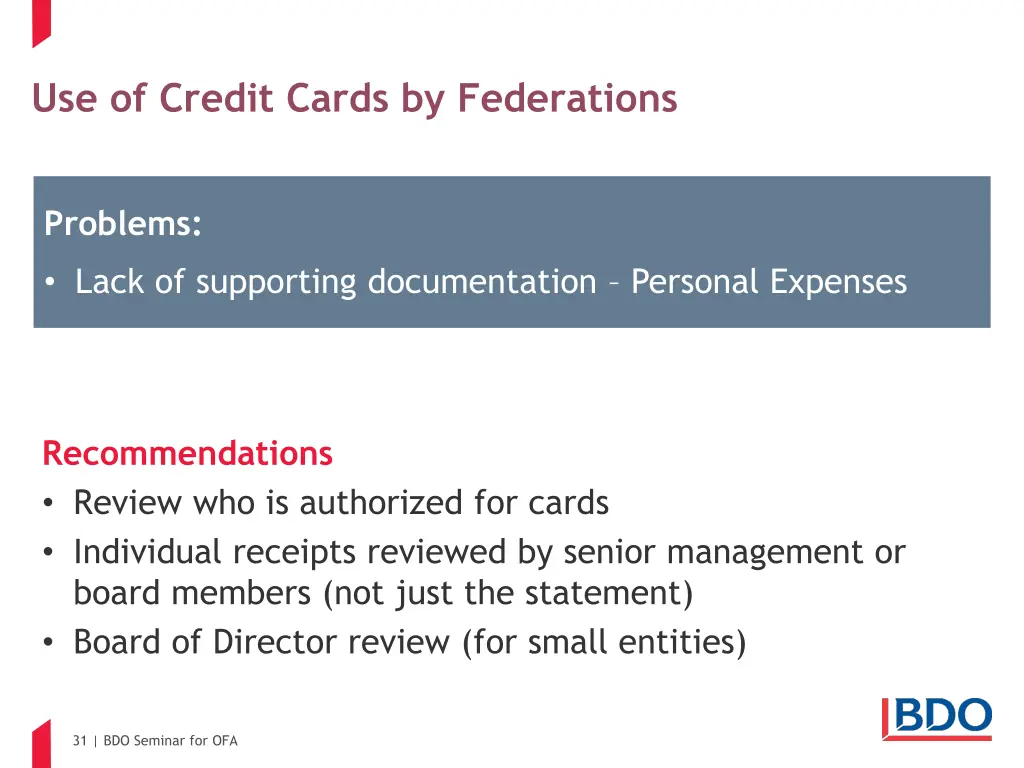 use of credit cards by federations