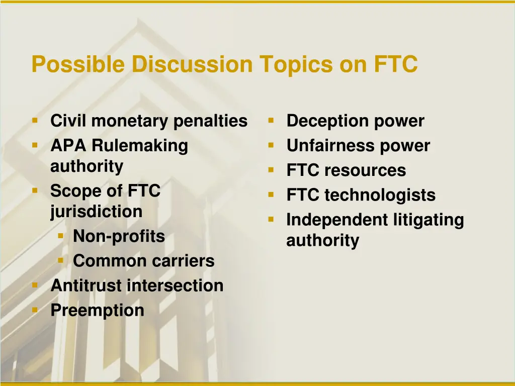 possible discussion topics on ftc